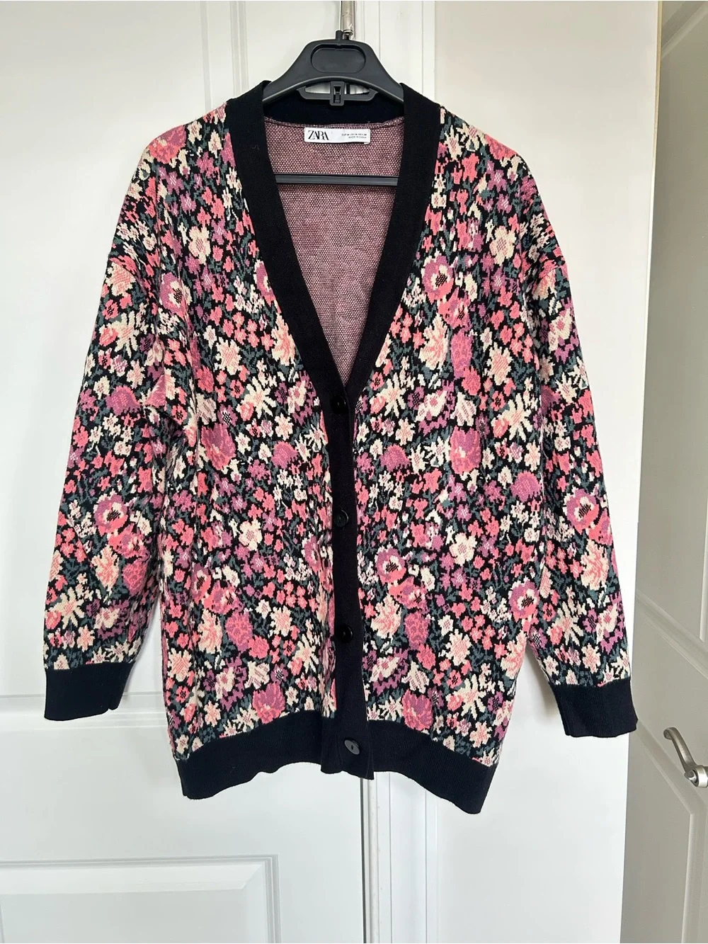 Zara Black Trim Pink Floral Button-Up Cardigan